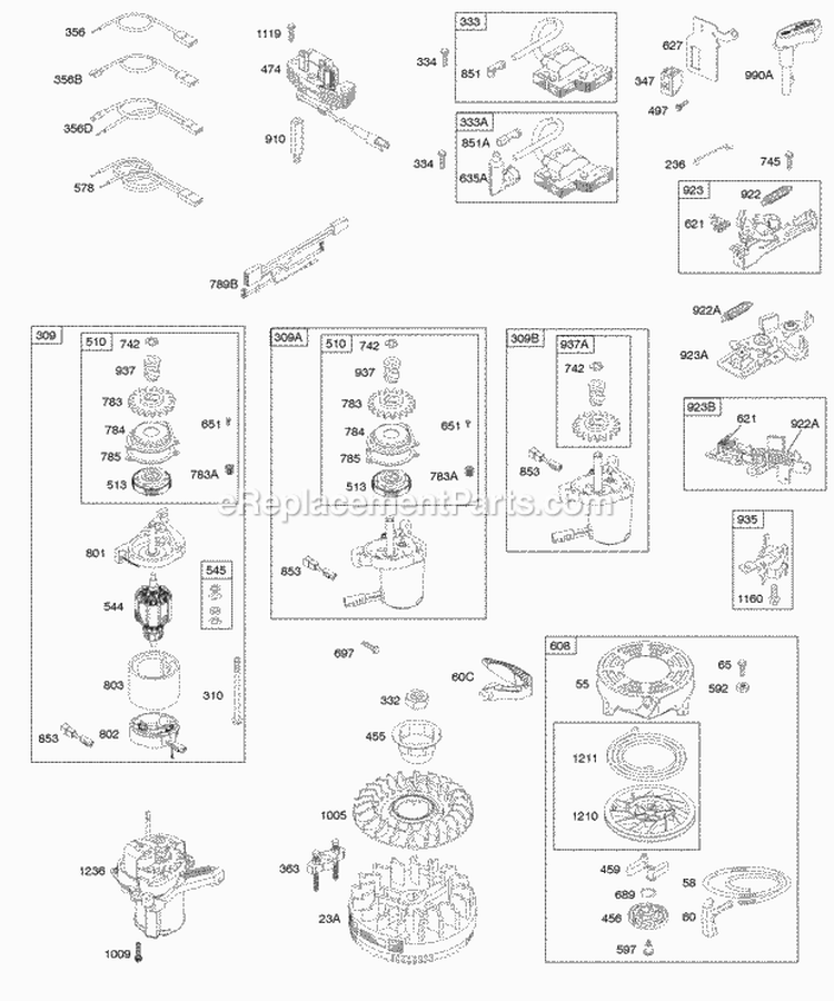Alternator Electric Starter Electrical Flywheel Flywheel Brake Ignition Rewind Starter Diagram and Parts List for 123K02-0509-E1  Briggs and Stratton Engine